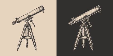 Set of vintage retro style telescope. Galaxt spave star planet watching. Science exploration vibe. Graphic Art © Graphic Warrior
