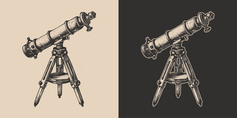 Set of vintage retro style telescope. Galaxt spave star planet watching. Science exploration vibe. Graphic Art © Graphic Warrior