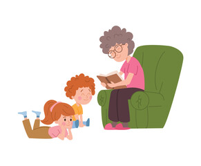Grandmother sits in an armchair reading a book to her grandson and granddaughter, vector flat isolated illustration