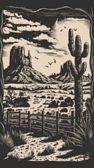 Mountain desert texas background landscape. Wild west western adventure explore inspirational vibe. Graphic Art. Engraving Vector.