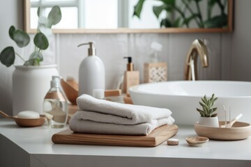 Obraz na płótnie Canvas Displaying products on a wooden tabletop over a fuzzy bathroom décor. Generative AI