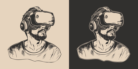 Vintage retro engraving hand drawn vr virtual reality ai mask headset helmet glass. Future innovation technology education cyber. Graphic Art Vector