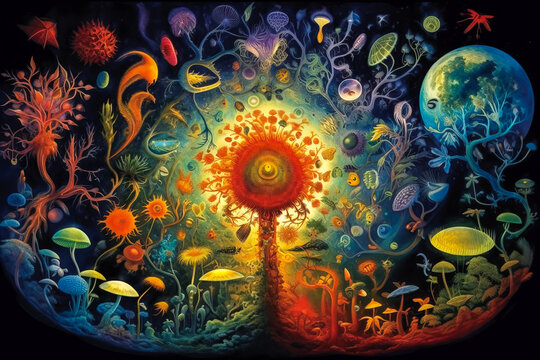 Vibrant, detailed illustration capturing the captivating journey and lifecycle of a spore; emphasizing the cyclical nature of life. Generative AI