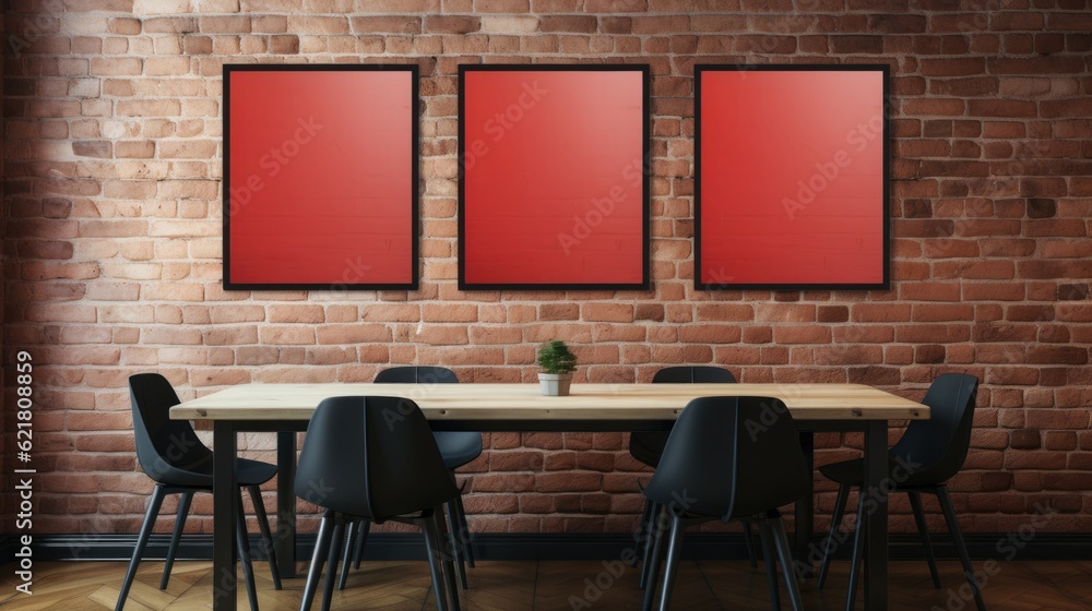 Poster a dining room with a table and chairs. generative ai image.