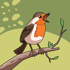 Cartoon Vector of Robin Bird on the Twig Illustration