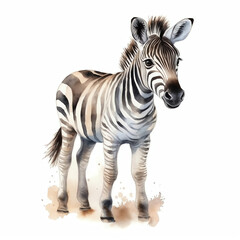 Generative AI : Adorable Baby Zebra: Realistic Watercolor Clipart of a Cute Zebra's Face on a White Background