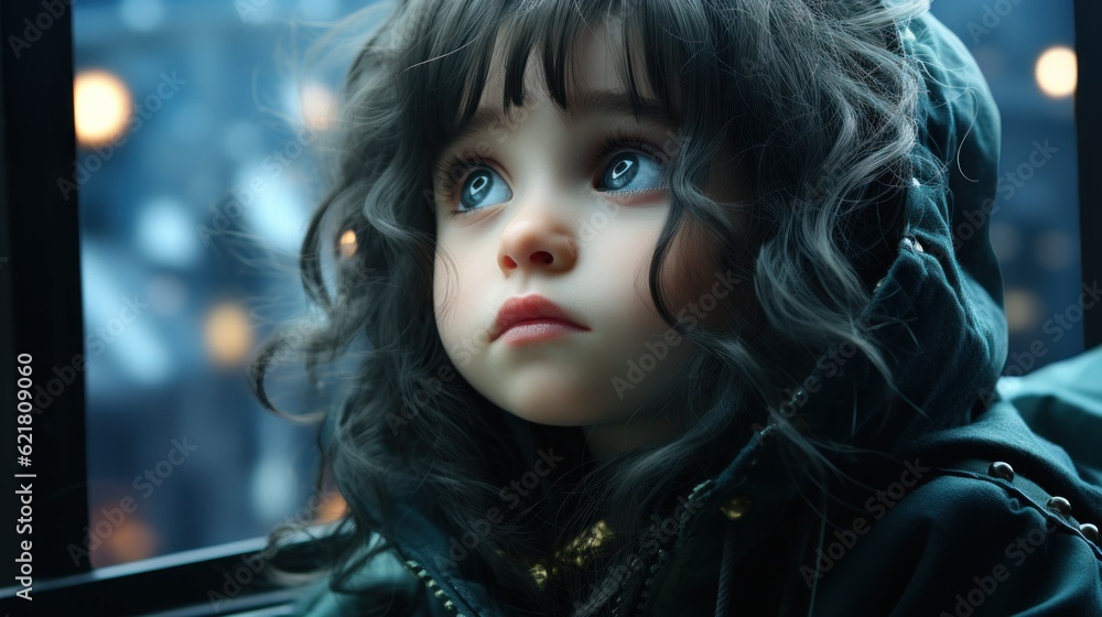 Poster a close up of a child looking out a window. generative ai image.
