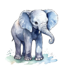 Generative AI : Playful and Innocent: Baby Elephant in Watercolor Delights on a White Background