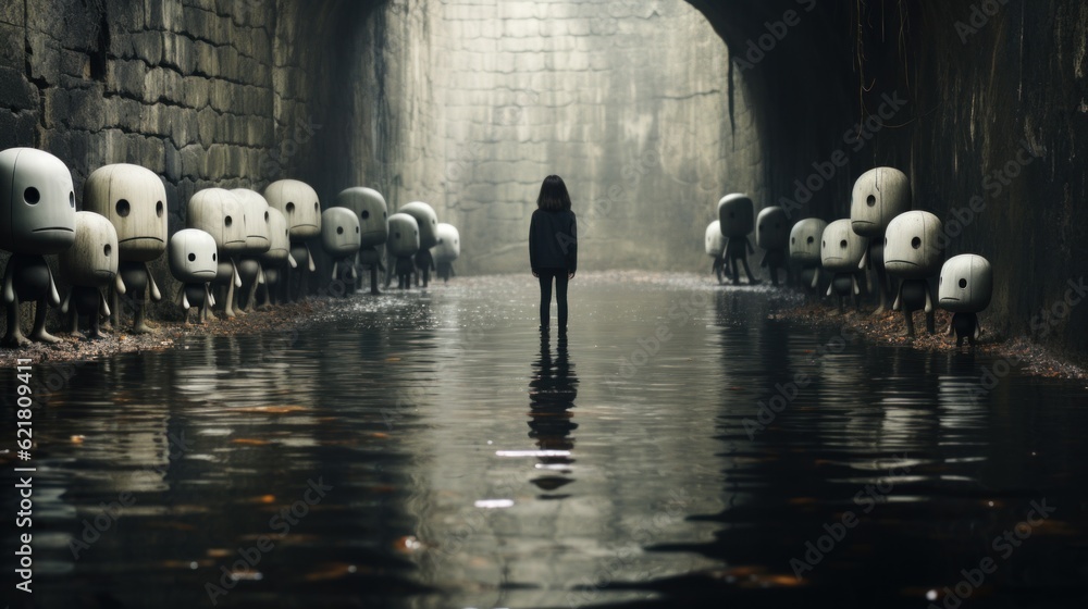 Aufkleber a person standing in front of a bunch of skulls. generative ai image.