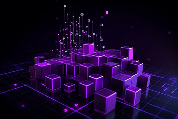 Abstract 3D Cubes Geometric Background. Purple boxes with neon lights on isometric perspective. 