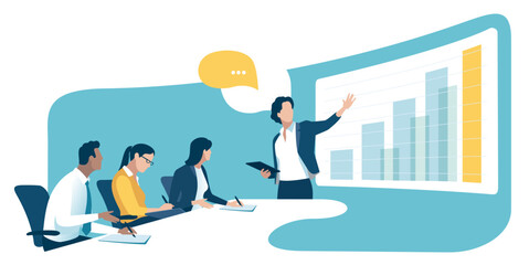 Plan. Education. Growth. Business meeting. The female leader explains the growth strategy. Vector illustration.
