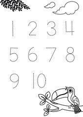 Vector trace and write numbers. Handwriting practice learning numbers for kids. Education developing worksheet activity.