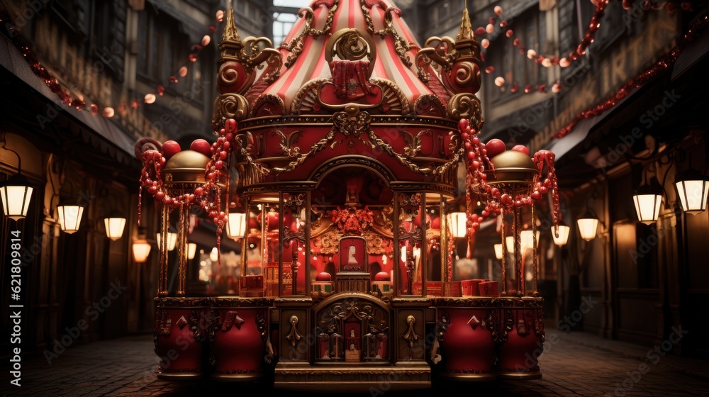 Poster a red and gold carousel in a building. generative ai image.