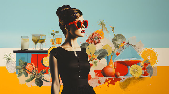 Summer vibes. Fashionable woman wearing huge sunglasses with fruits and drinks. Digital illustration. Collage