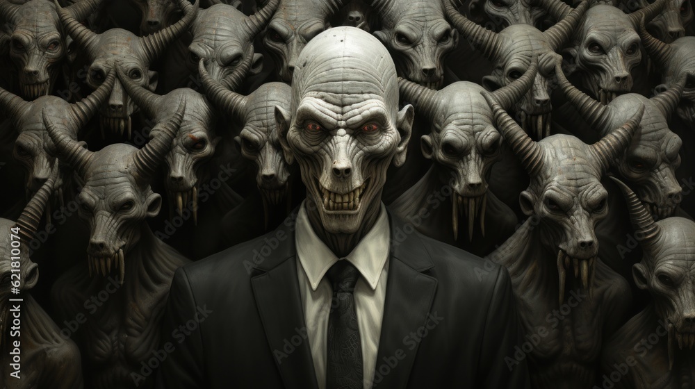 Aufkleber a man in a suit and tie standing in front of a bunch of skulls. generative ai image.