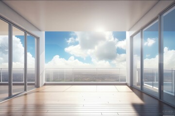 Contemporary open plan balcony interior with daylight, a blank mock up space for your advertisement, and a panoramic view of the sky and clouds. Generative AI