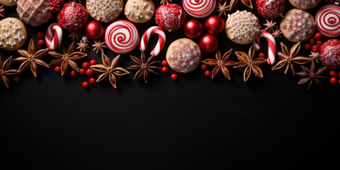 Christmas elements on the black background with copy space