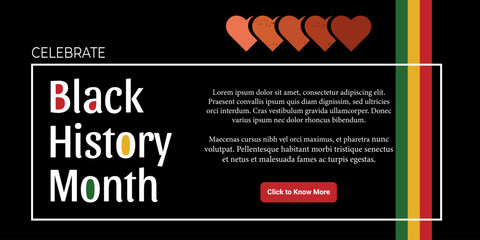 Black History Month web banner with line decoration, bright colors, hearts and text on a black background.