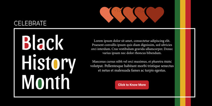 Black History Month web banner with line decoration, bright colors, hearts and text on a black background.
