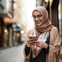 Muslim woman using the mobile in the street. Generative AI.