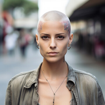 Woman with shaved hair on the street. Generative AI.