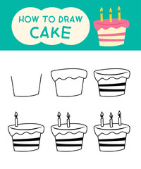 How to draw cute cake cartoon step by step for kid and coloring book