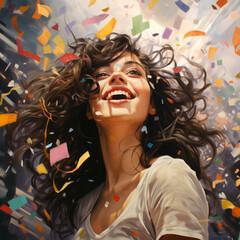 Happy woman celebrating at a party with confetti. Generative AI.