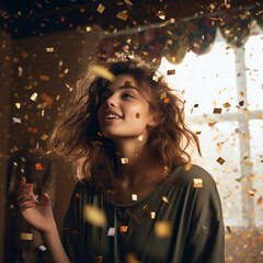 Fototapeta premium Happy woman celebrating at a party with confetti. Generative AI.