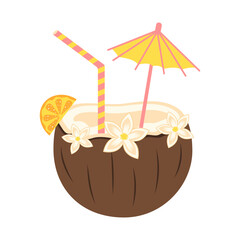 Tropical coconut cocktail with slice of orange, umbrella, straw and tropical flowers. Exotic fresh drink.