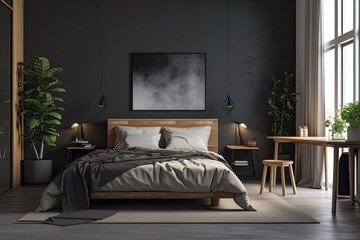 Dark gray walls, a double bed with two pillows, a desk with a computer, and a framed horizontal poster can all be seen in this corner view of a bedroom. Generative AI
