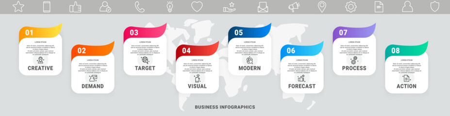 Vector modern infographics with eight rectangles. Business concept with graphic 8 steps and symbols for diagram, web, banner, presentations, flowchart, content, levels, chart, graphic, timeline
