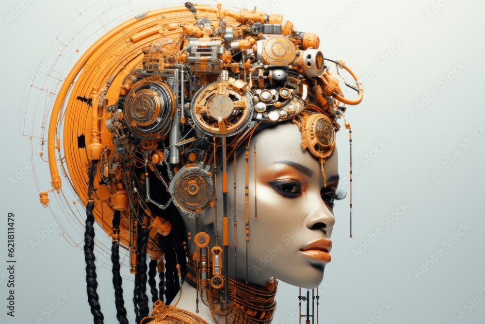 Poster a mannequin head with gears and chains on it. generative ai image.