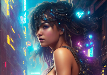 Illustration of beautiful young Cyberpunk Woman with long dreadlocks hair and cyborg elements on her body against a futuristic glowing background. Future vision design. Ai Generated fictional person.