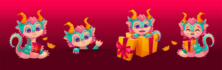 Cute dragon character, Chinese New Year 2024 mascot. Vector set of cartoon funny fairy creatures, play, with gift box, greeting. Merry Christmas. Happy baby dragon isolated on red background