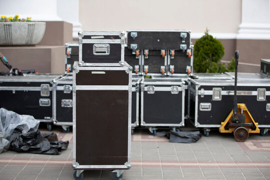 Case boxes for musical equipment. Professional stage equipment is packed in special boxes.