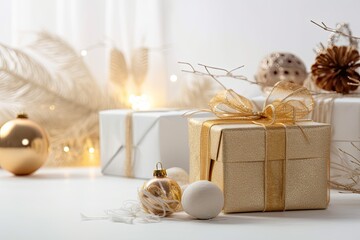 Decorating for Christmas and New Year. Golden branches of a Christmas tree, a gift box, and a light background. mockup used to display works. Generative AI