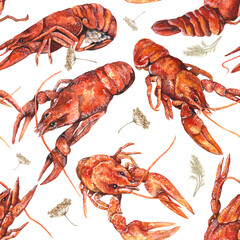 Seamless pattern of boiled crayfish. Watercolor illustration isolated on transparent background. Designed for printing on textiles, packaging