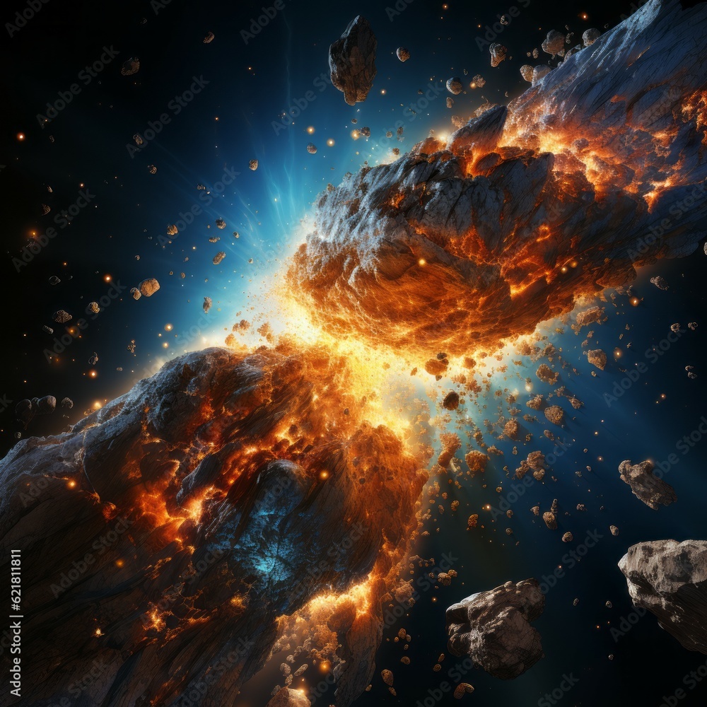 Wall mural abstract 3d rendering of a hot burning asteroid flying in outer space. massive cosmic asteroid explo