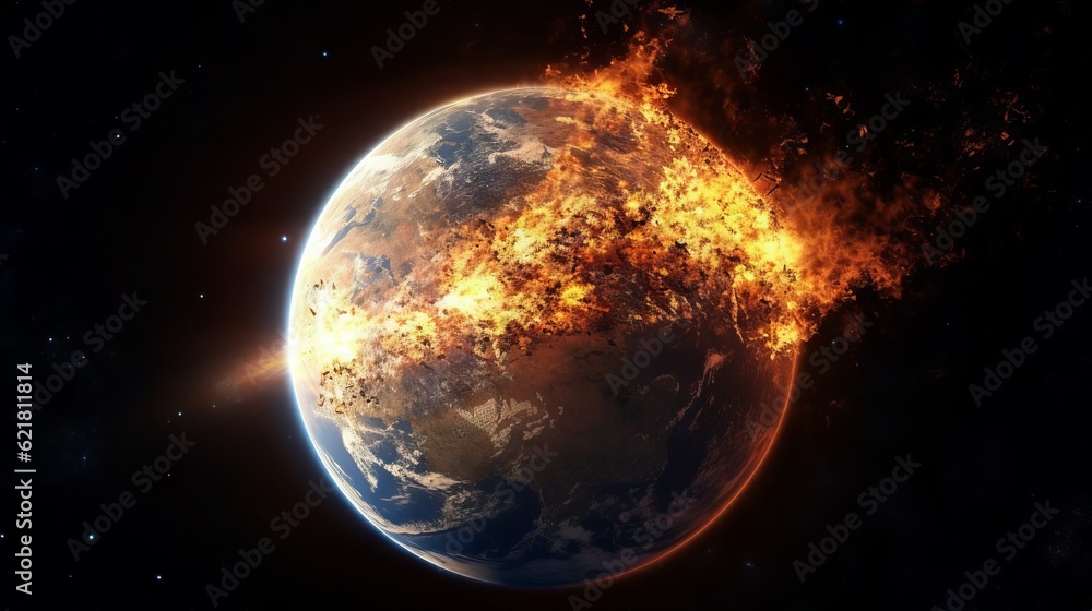 Wall mural explosions from the collision of asteroids with the planet earth in outer space. asteroid collision 