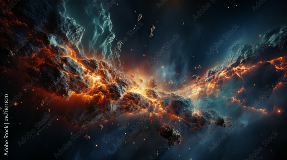 Wall mural abstract 3d rendering of collision burning asteroid in outer space with planet. massive cosmic aster