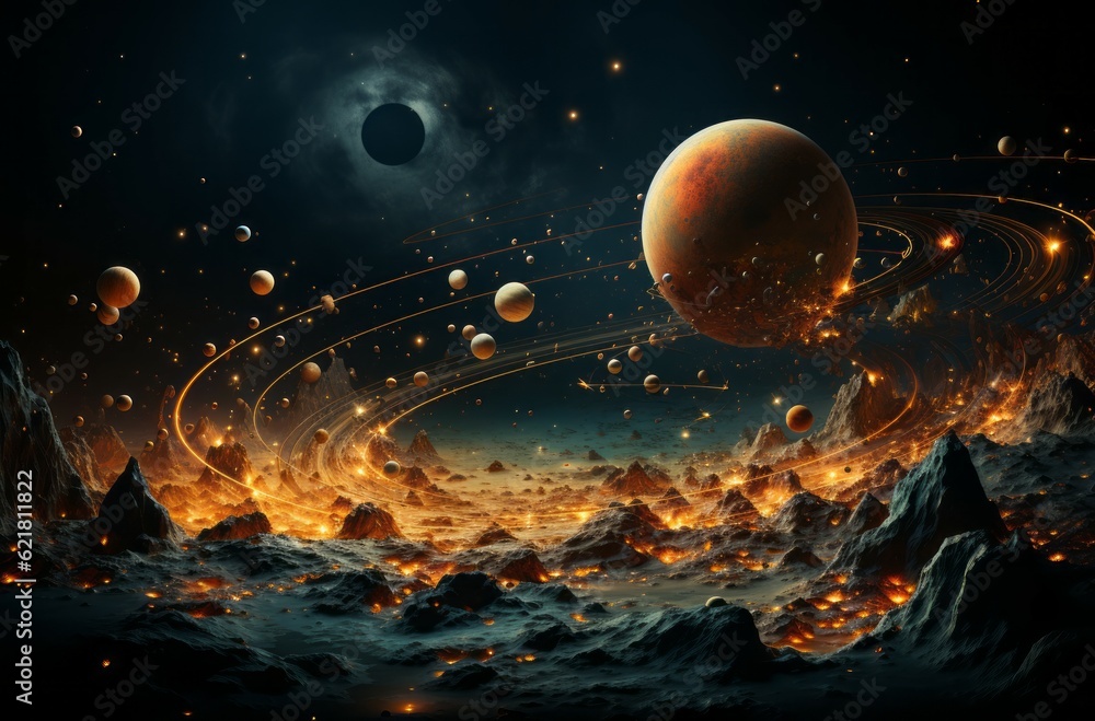 Canvas Prints abstract space background with planets, stars and red-hot surface.