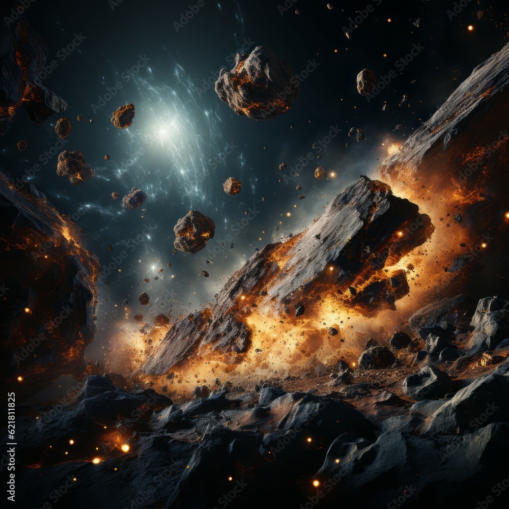 Wall mural collision burning asteroid in outer space with planet. massive cosmic asteroid impacts in deep space