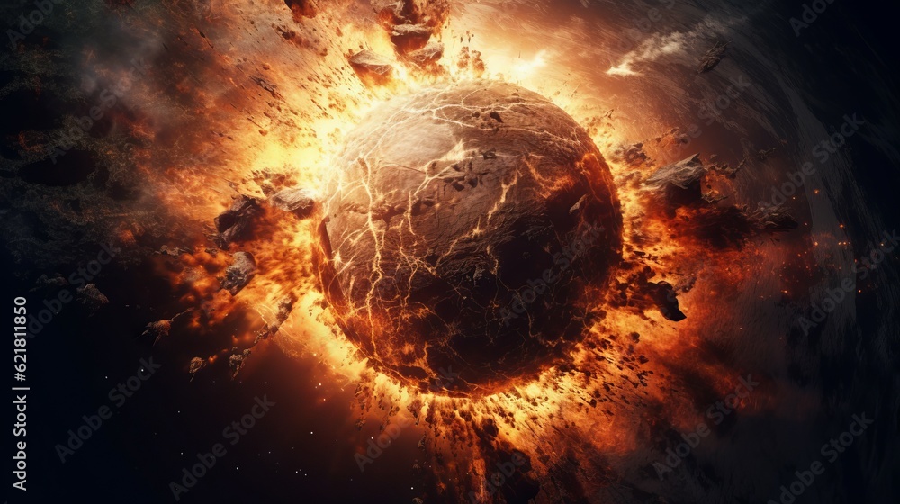 Wall mural burning planet in space. fiery planet explosion in space. collision of planets in space. image of a 