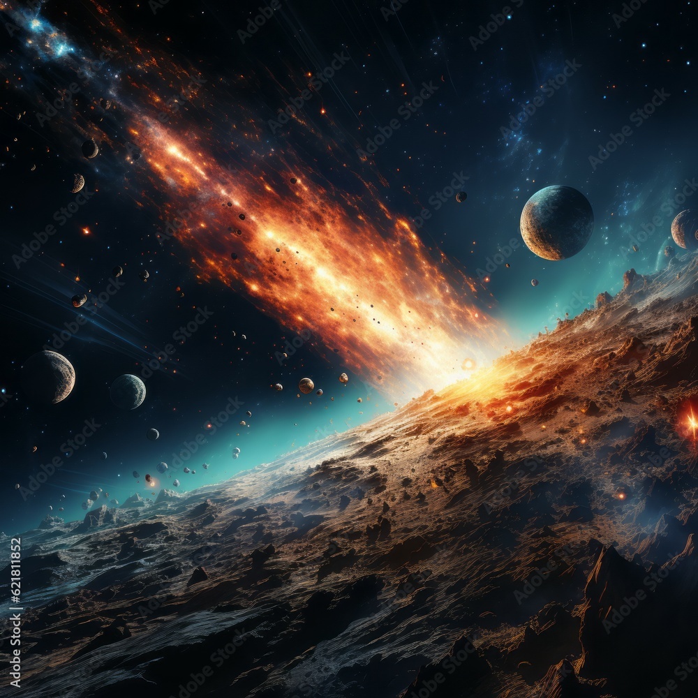 Wall mural collision burning asteroid in outer space with planet. massive cosmic asteroid impacts in deep space