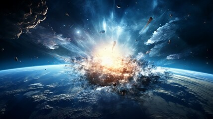 Explosions from the collision of asteroids with the planet earth in outer space. Asteroid collision with a planet in space. Image of a planet in fire and smoke, 3d digitally rendered illustration.