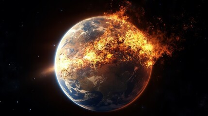 Explosions from the collision of asteroids with the planet earth in outer space. Asteroid collision with a planet in space. Image of a planet in fire and smoke, 3d digitally rendered illustration.