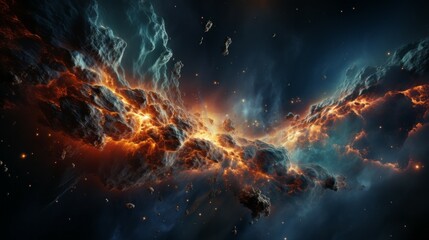 Fototapeta na wymiar Abstract 3d rendering of collision burning asteroid in outer space with planet. Massive cosmic asteroid impacts in deep space. Epic Fiery explosion in space. Magic and fantasy Space background.
