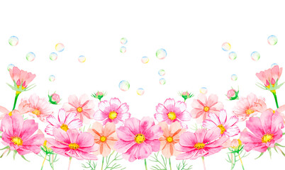 Obraz na płótnie Canvas コスモスの花とシャボン玉の水彩ボタニカルフレーム 
