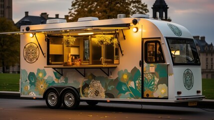 A food truck parked on the side of the road. Generative AI image.