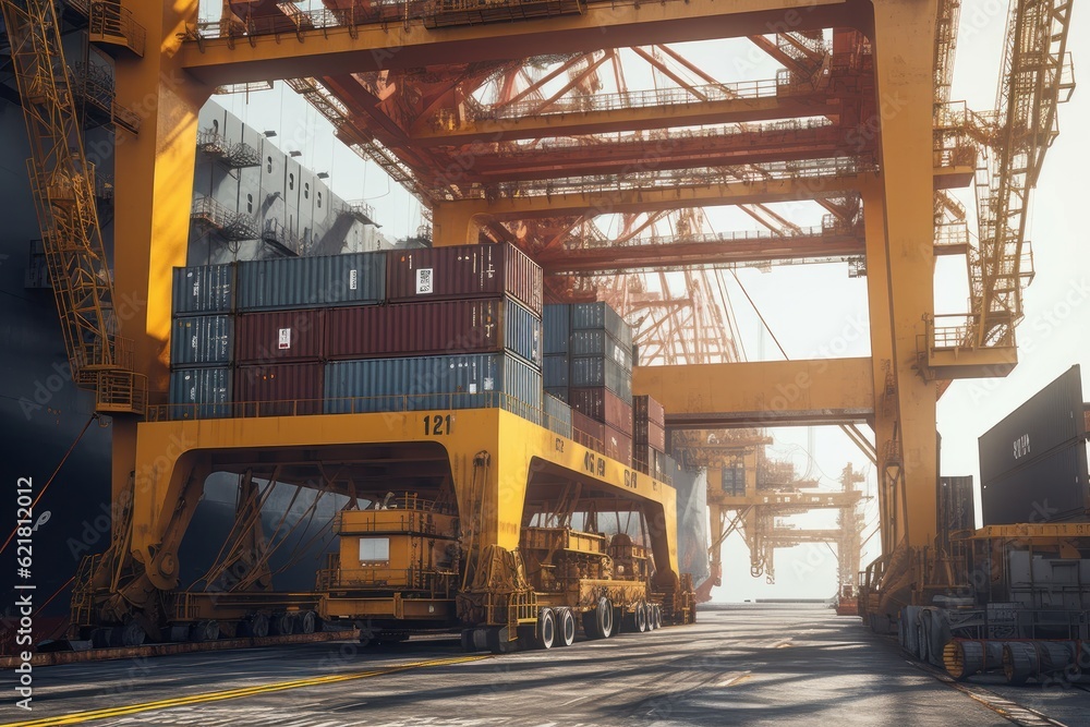 Aufkleber view from the ground to a huge port crane. loading containers from a railway platform onboard a cont